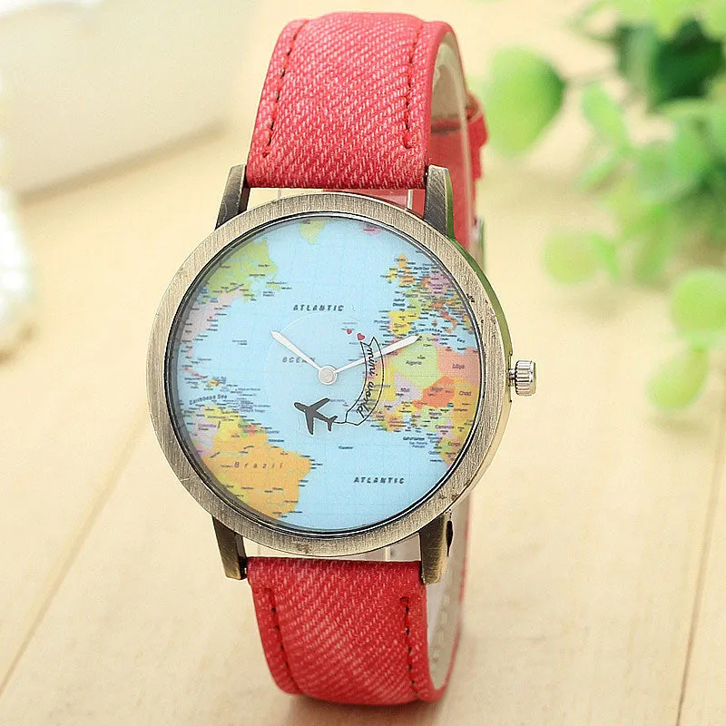 Top Vintage Watch Luxury Relojes Map Women Dress Watch Denim Fabric Band Global Travel By Plane Print Men Clocks