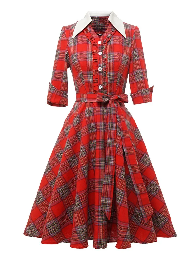 Turn-Down Collar Frilled Button Up Red Plaid Vintage Women 3/4 Length Sleeve Belted Midi Dress