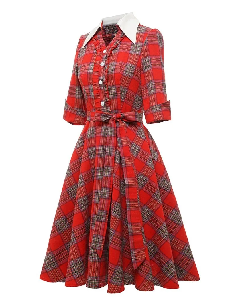 Turn-Down Collar Frilled Button Up Red Plaid Vintage Women 3/4 Length Sleeve Belted Midi Dress