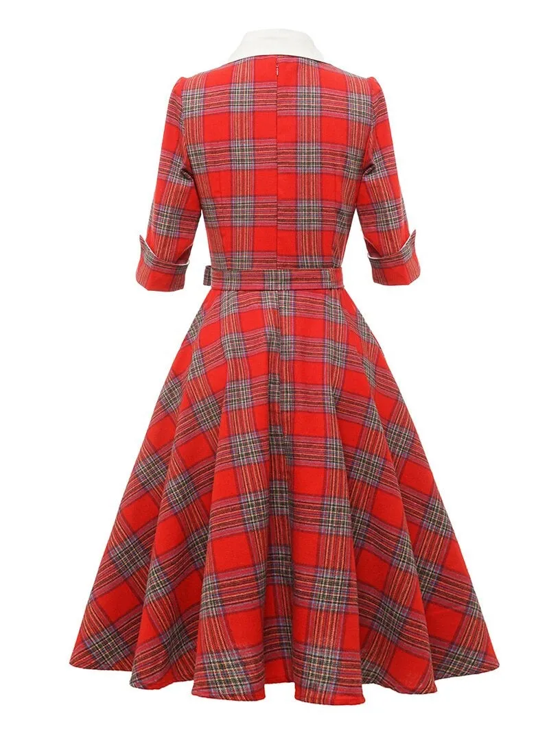 Turn-Down Collar Frilled Button Up Red Plaid Vintage Women 3/4 Length Sleeve Belted Midi Dress