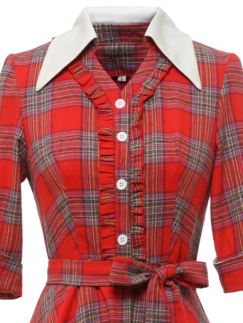 Turn-Down Collar Frilled Button Up Red Plaid Vintage Women 3/4 Length Sleeve Belted Midi Dress