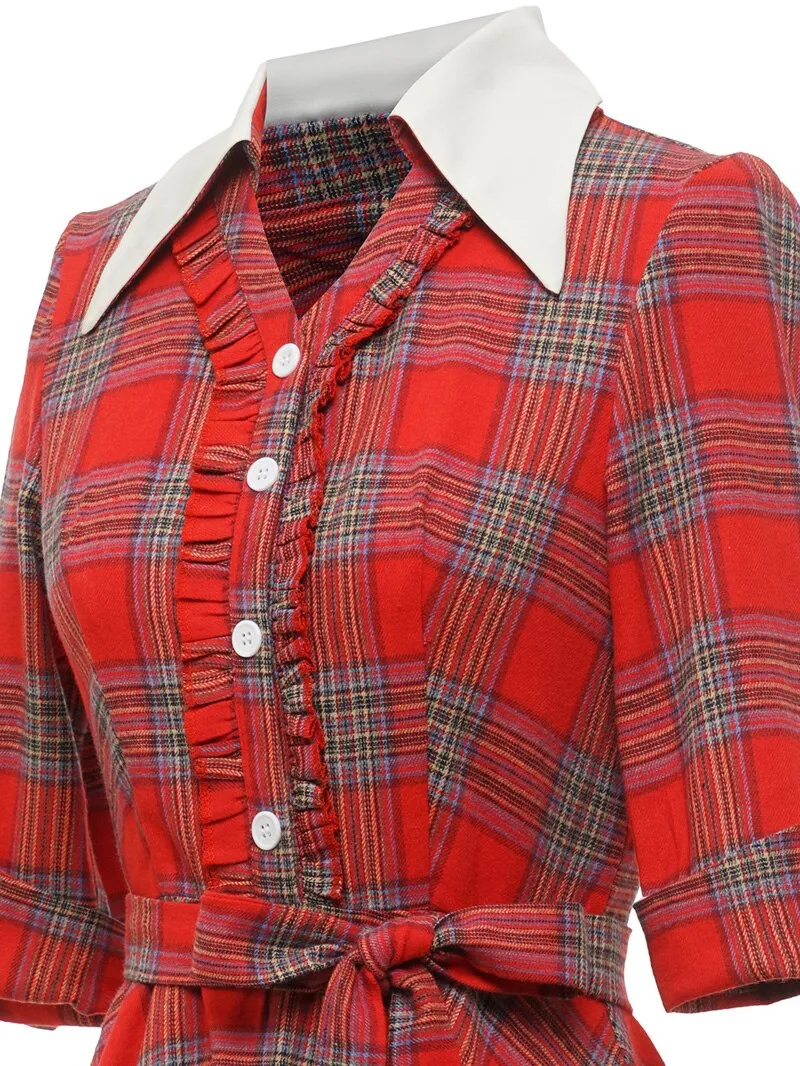 Turn-Down Collar Frilled Button Up Red Plaid Vintage Women 3/4 Length Sleeve Belted Midi Dress