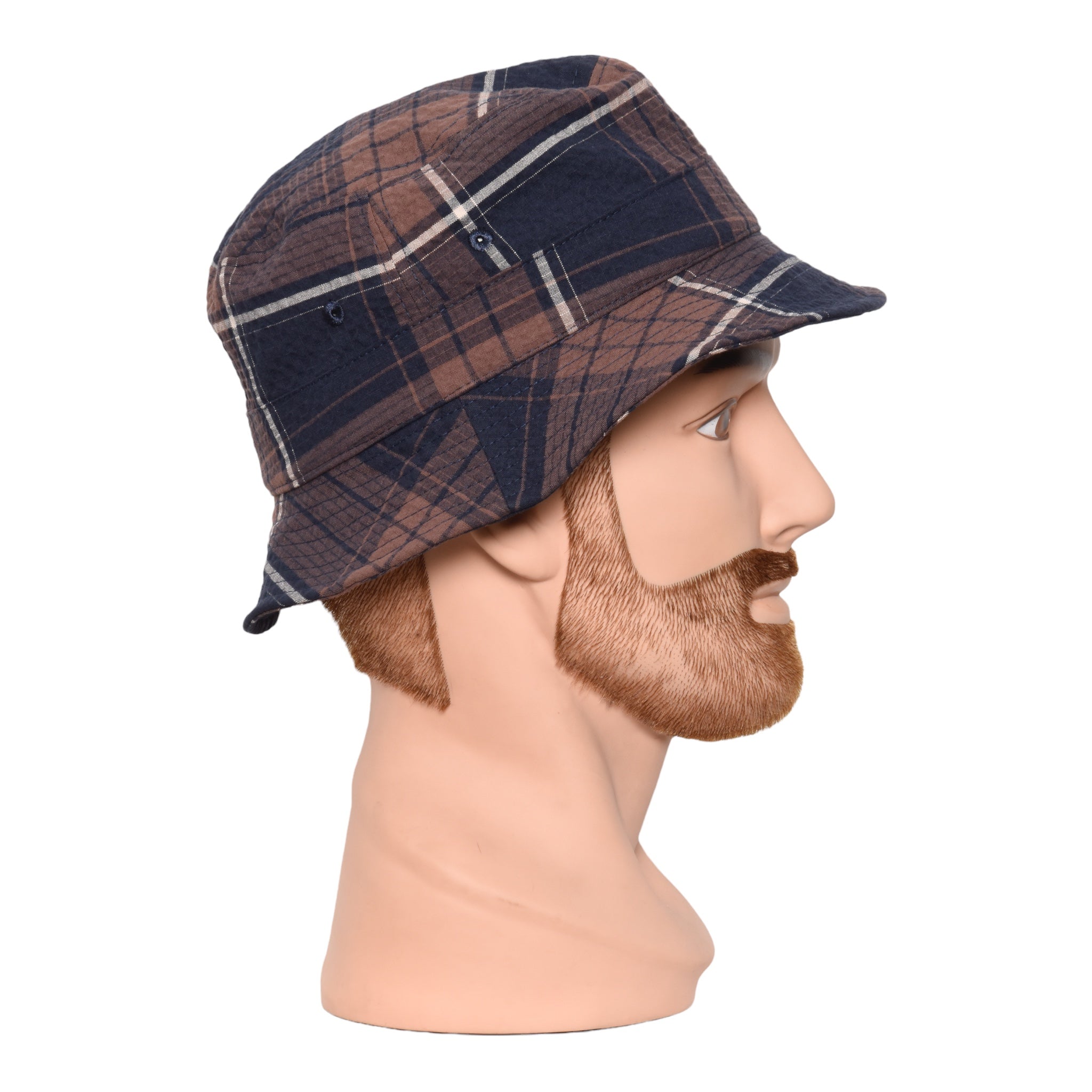 Universal Works Bucket Hat check seersucker brown/navy 26818