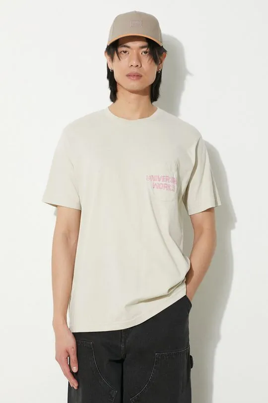 Universal Works cotton t-shirt Print Pocket Tee men’s beige color with a print 30611.DRIFTWOOD