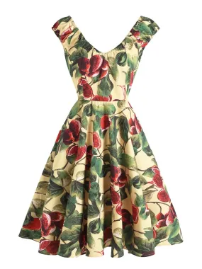 V-Neck Botanical Print 50s Pinup High Waist Vintage Women Sleeveless A-Line Elegant Party Dress