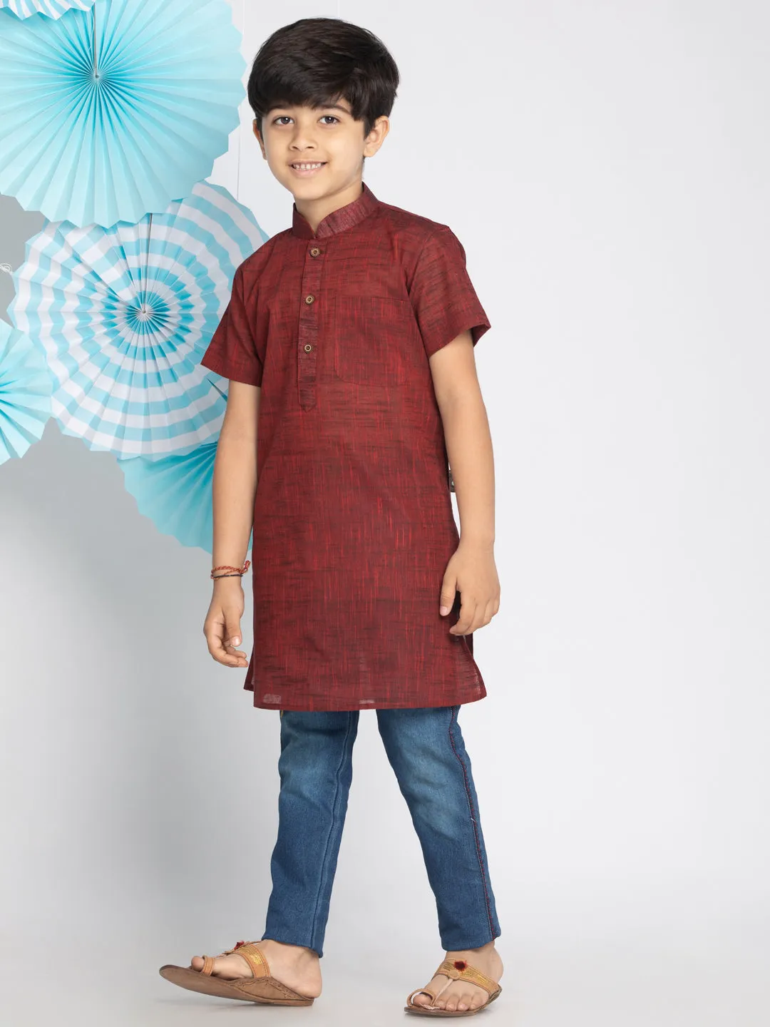 VASTRAMAY Boys' Brown Melange Half Sleeve Kurta