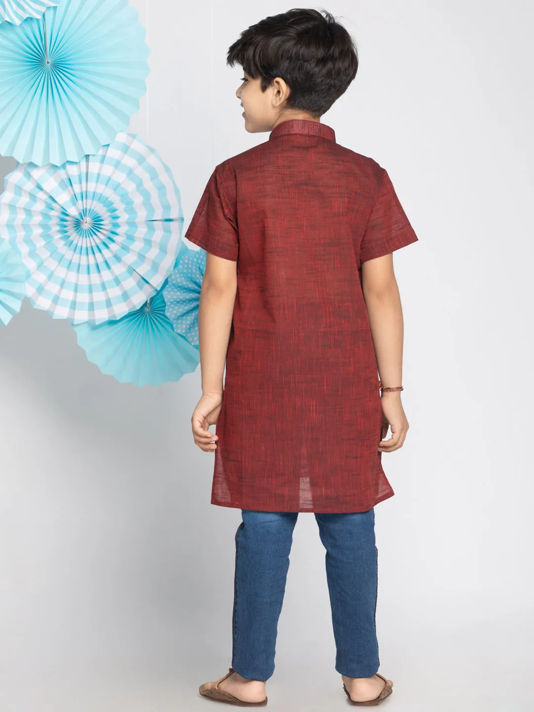 VASTRAMAY Boys' Brown Melange Half Sleeve Kurta