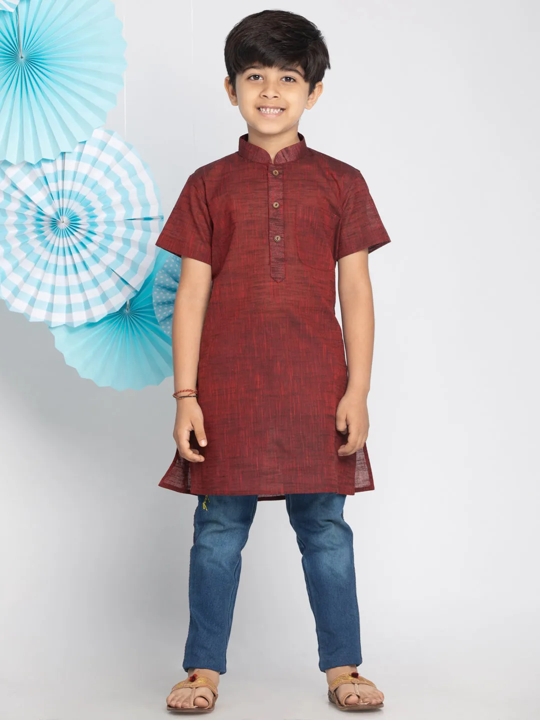 VASTRAMAY Boys' Brown Melange Half Sleeve Kurta