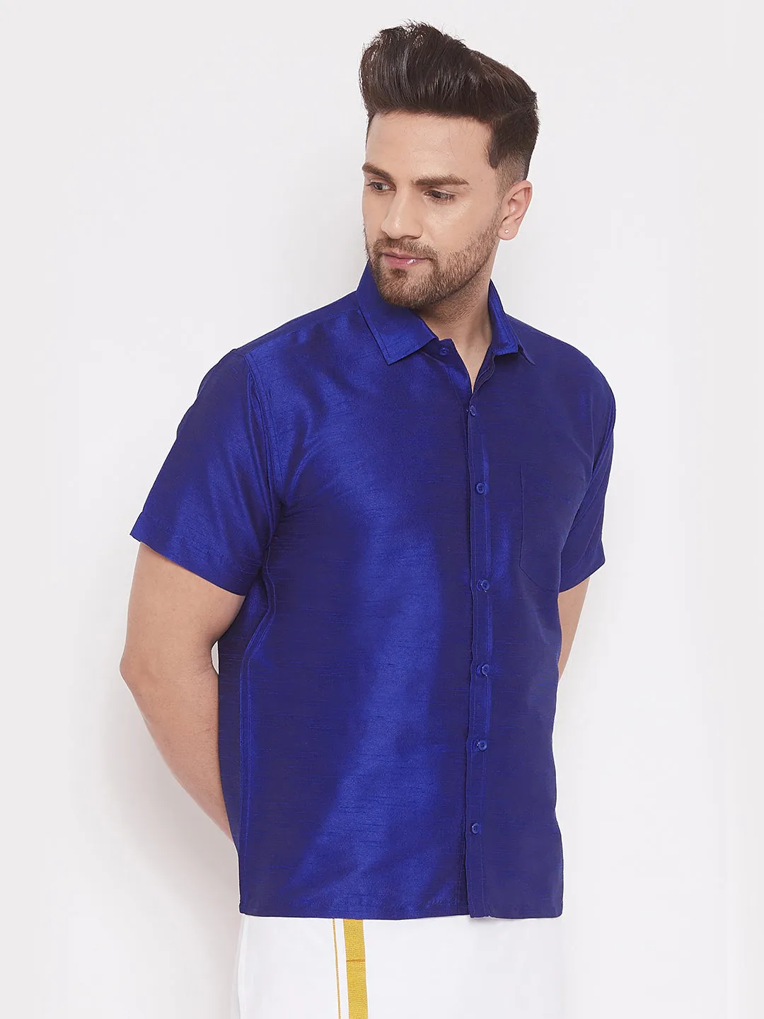 VASTRAMAY Men's & Boys Blue Solid Silk Blend Half Sleeve Ethnic Shirt