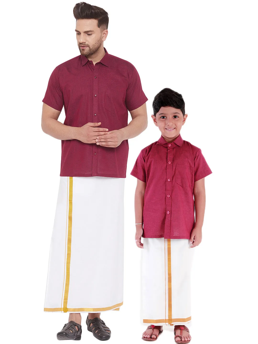 VASTRAMAY Men's & Boys Maroon Solid Cotton Blend Half Sleeve Ethnic Shirt And Mundu Set