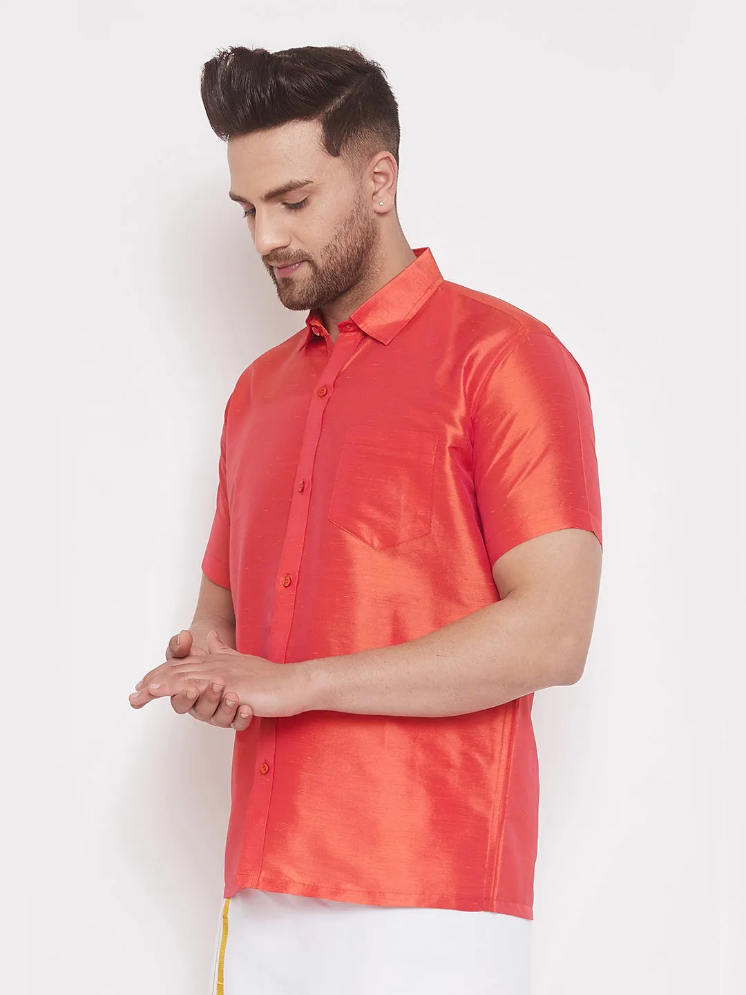 VASTRAMAY Men's & Boys Red Solid Silk Blend Half Sleeve Ethnic Shirt