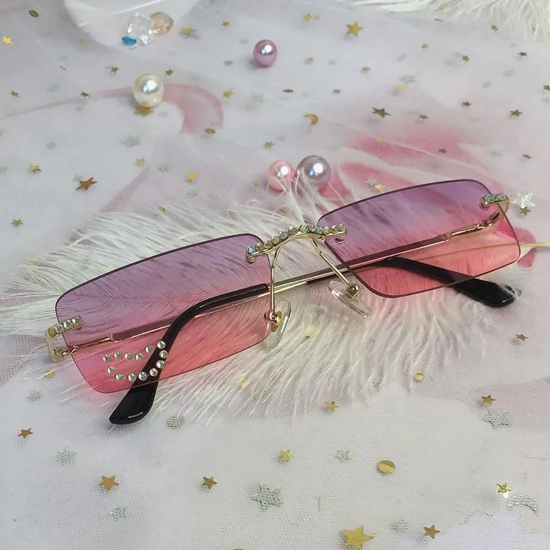 Vintage Designer Diamond Crystal Rimless UV400 Sunglasses for Women