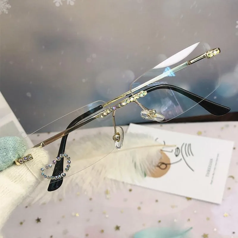 Vintage Designer Diamond Crystal Rimless UV400 Sunglasses for Women