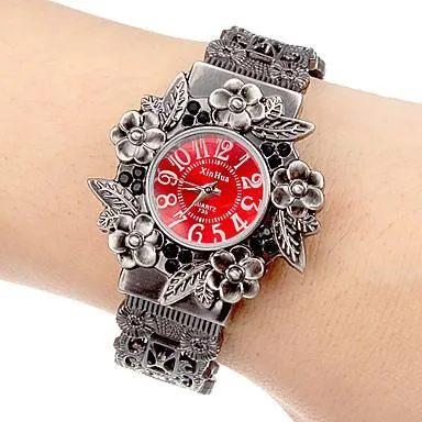 Vintage Flowers Full Steel Round Bracelet Model Quartz Watch for Women