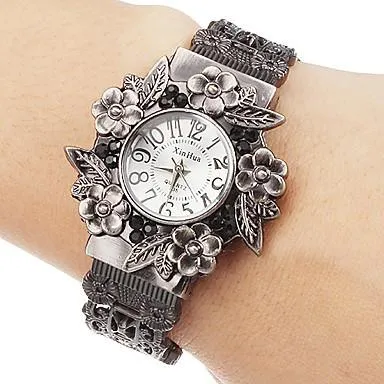 Vintage Flowers Full Steel Round Bracelet Model Quartz Watch for Women