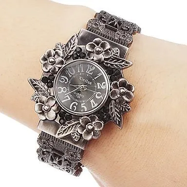 Vintage Flowers Full Steel Round Bracelet Model Quartz Watch for Women