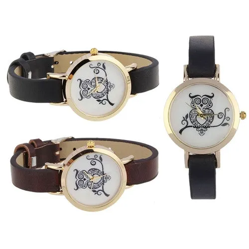 vintage leather Watch casual women Men bracelet watch OWL Print Vouge Hours Leather Clocks