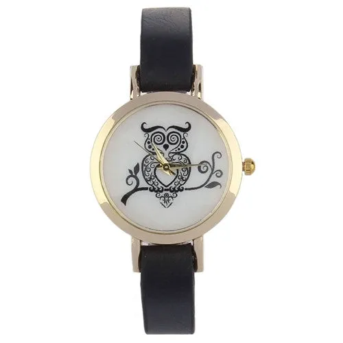 vintage leather Watch casual women Men bracelet watch OWL Print Vouge Hours Leather Clocks