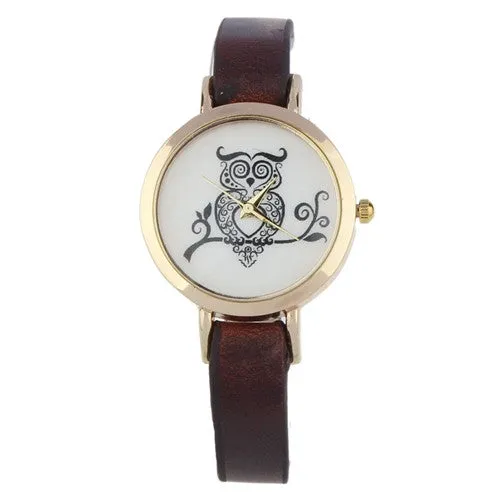 vintage leather Watch casual women Men bracelet watch OWL Print Vouge Hours Leather Clocks