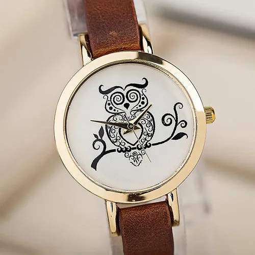 vintage leather Watch casual women Men bracelet watch OWL Print Vouge Hours Leather Clocks