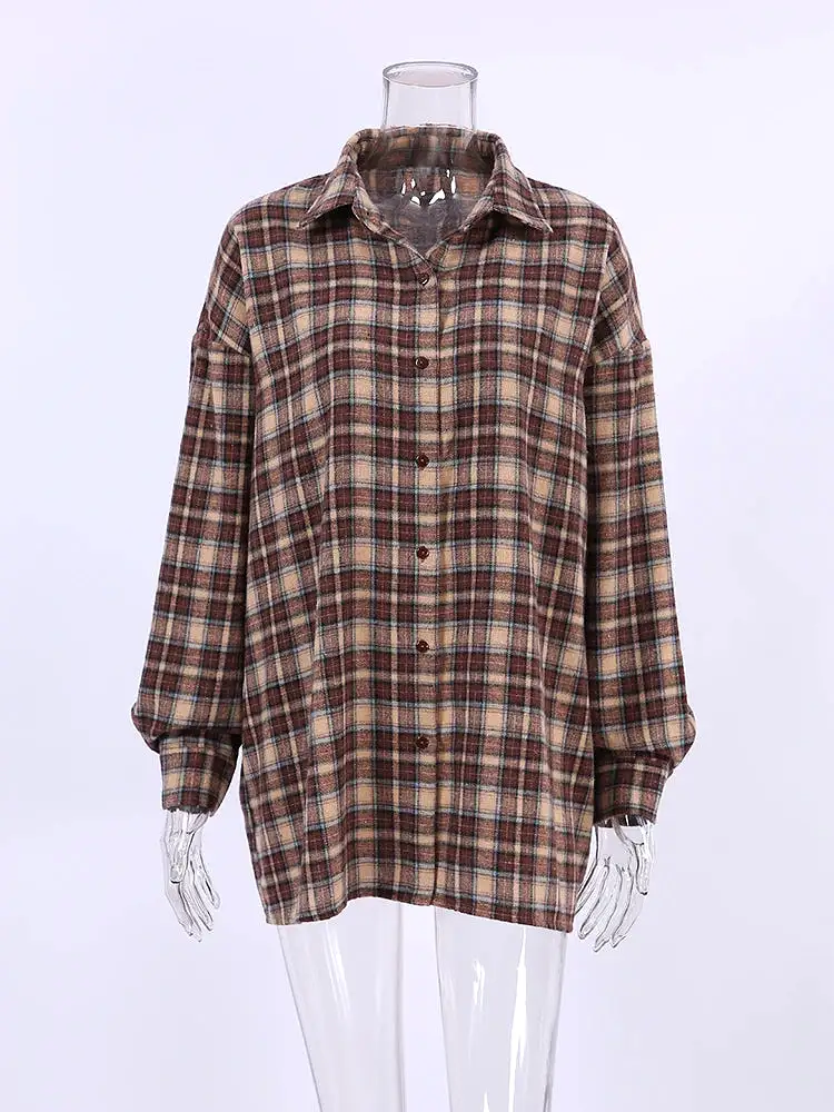 Vintage Plaid Shirts Women Loose Gingham Female Blouse Spring 2024 Button Top Shacket Oversized Long Shirts Ladies