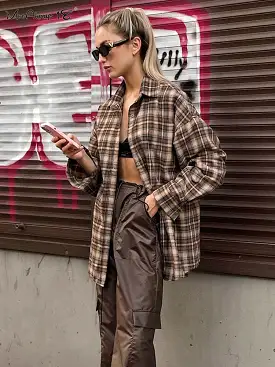 Vintage Plaid Shirts Women Loose Gingham Female Blouse Spring 2024 Button Top Shacket Oversized Long Shirts Ladies