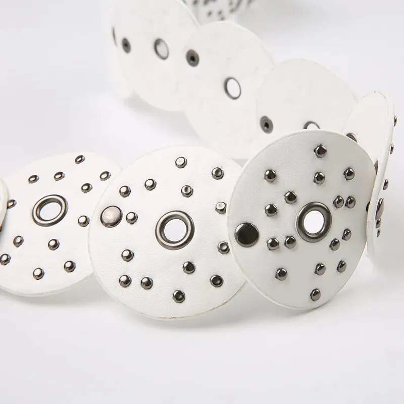 Vintage Style White Synthetic Leather Studded Buckle Belt for Women