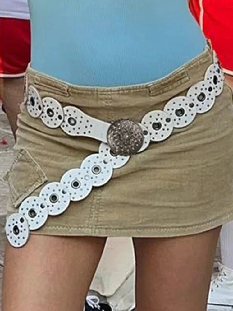 Vintage Style White Synthetic Leather Studded Buckle Belt for Women