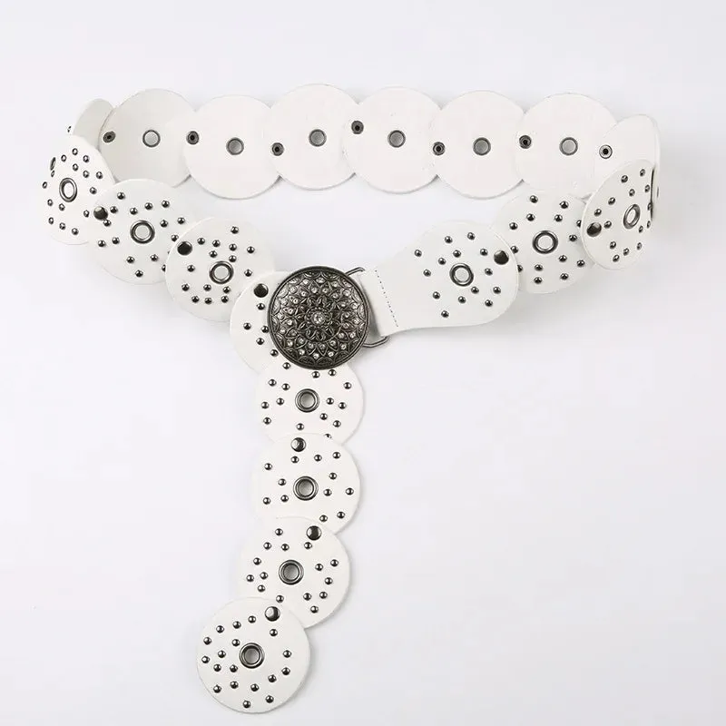 Vintage Style White Synthetic Leather Studded Buckle Belt for Women