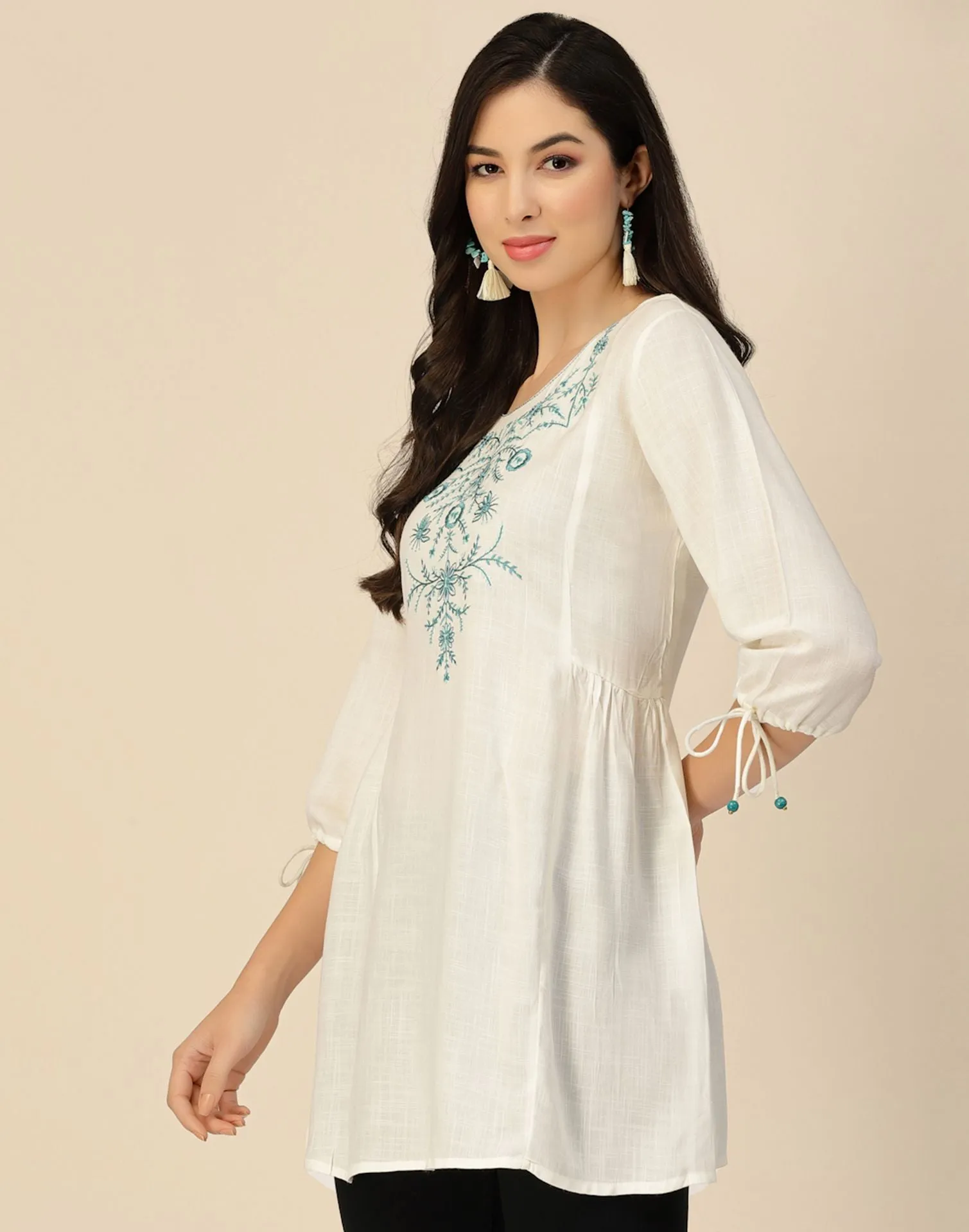 White Rayon Embroidery Tunic Short Kurta