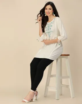 White Rayon Embroidery Tunic Short Kurta