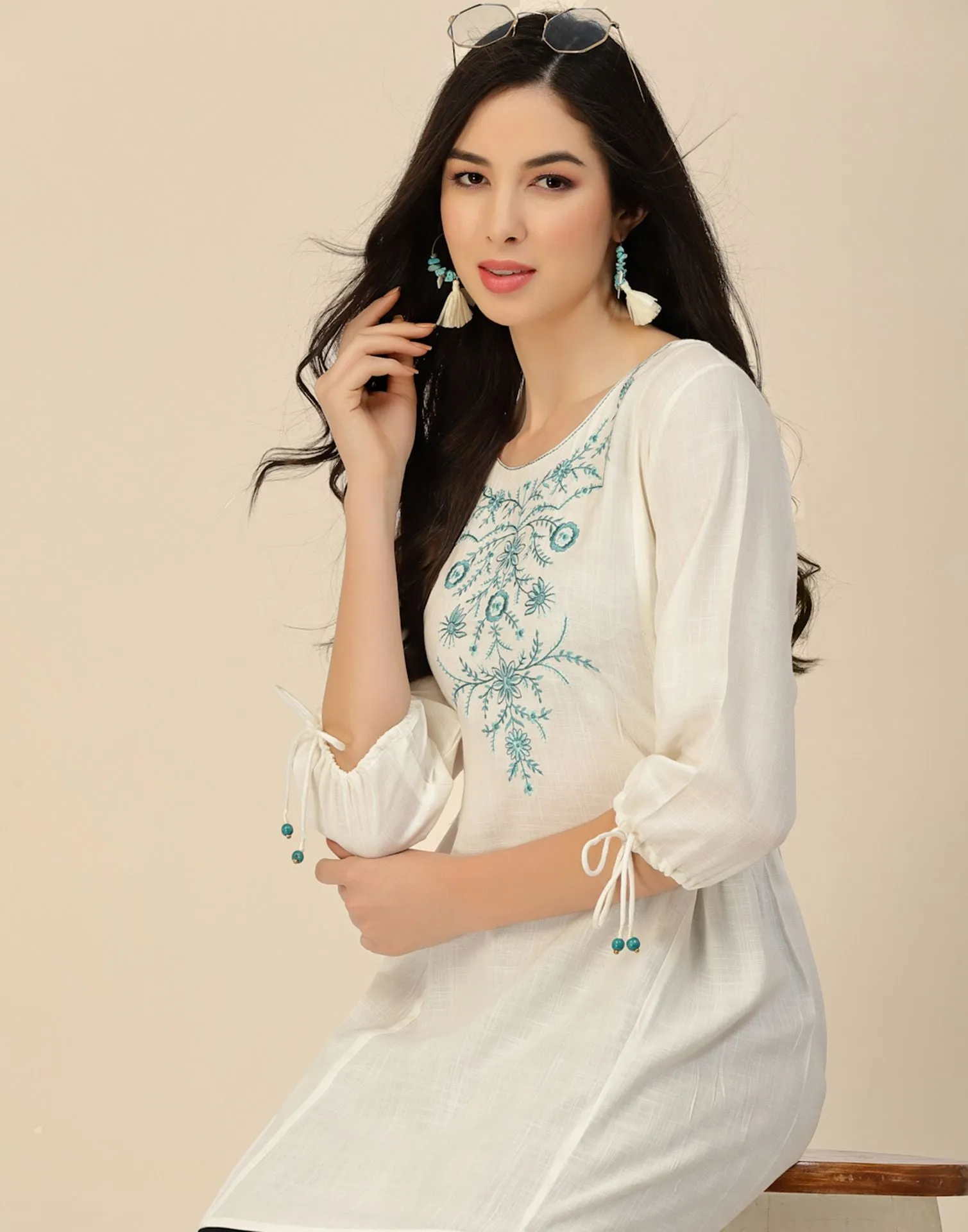 White Rayon Embroidery Tunic Short Kurta