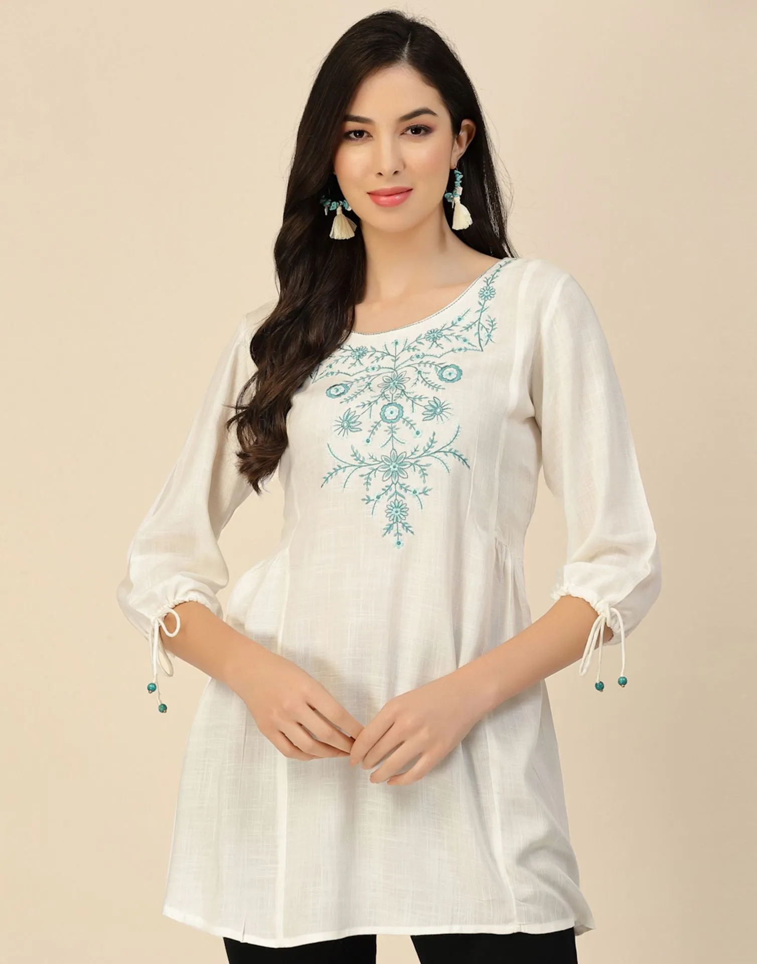 White Rayon Embroidery Tunic Short Kurta