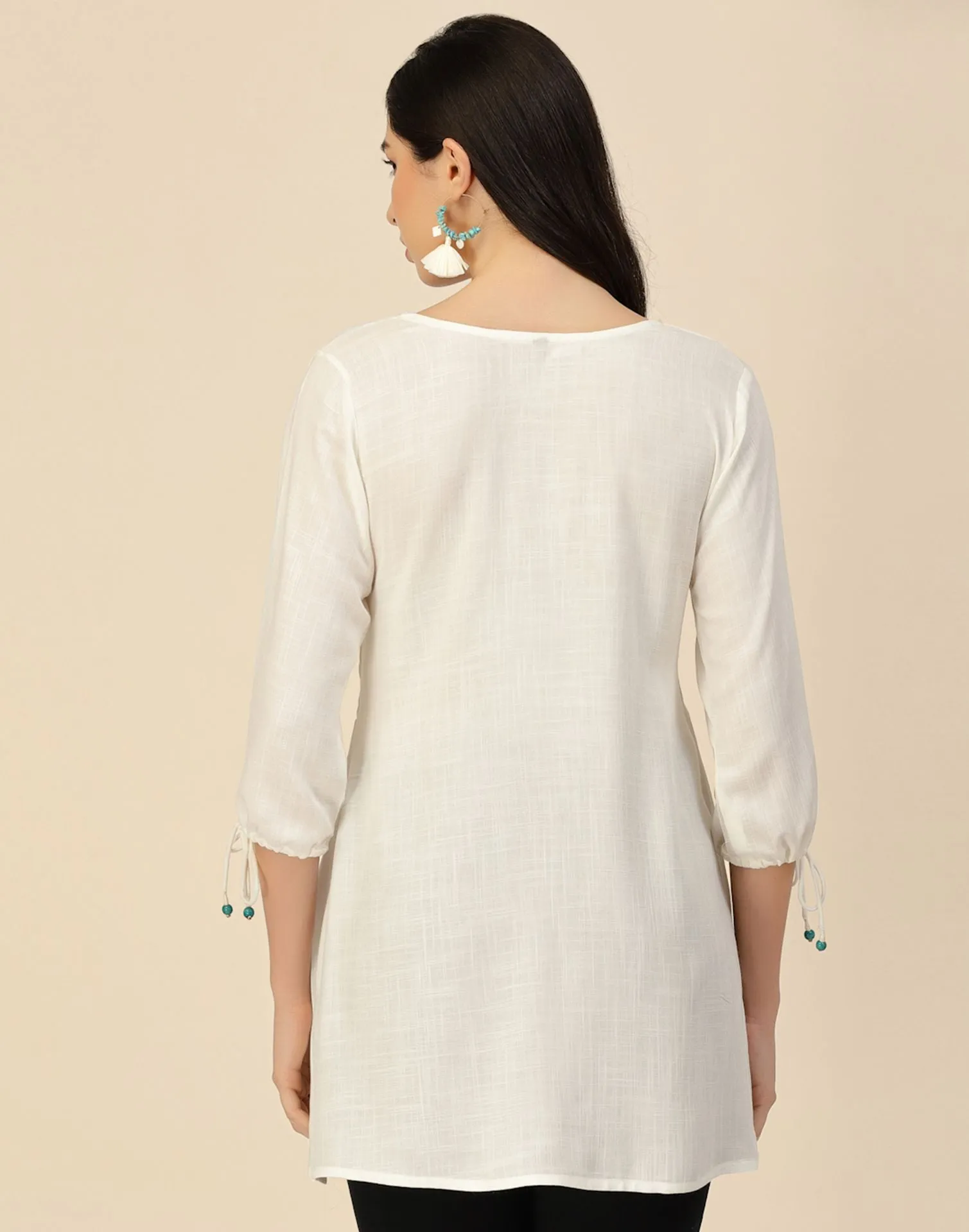 White Rayon Embroidery Tunic Short Kurta