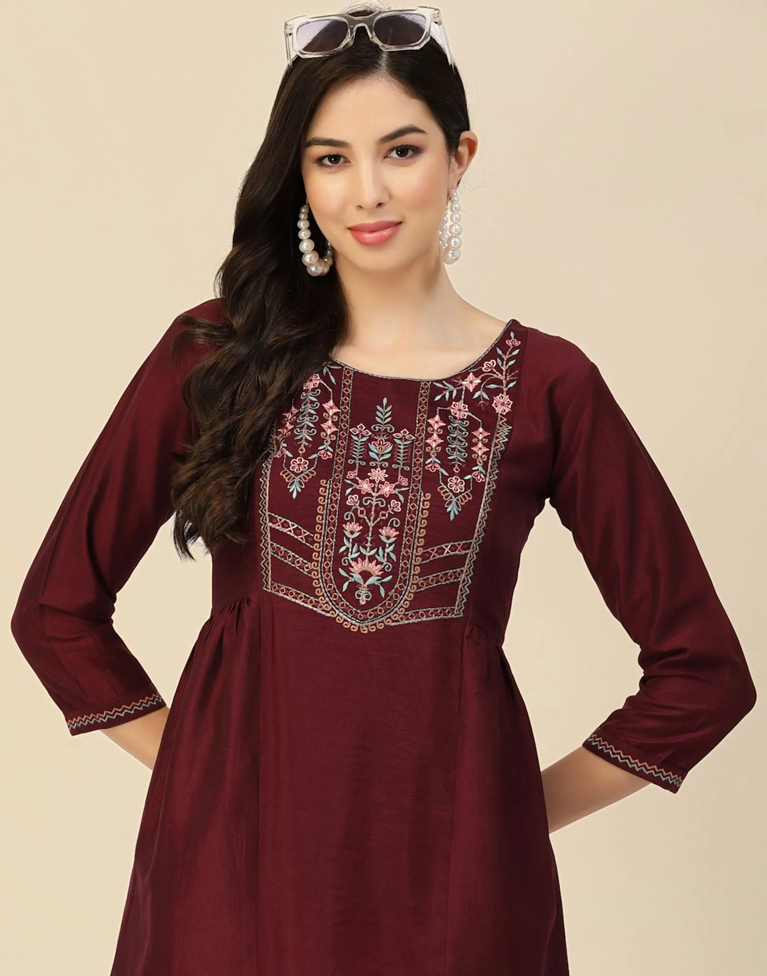 Wine Rayon Embroidery Tunic Short Kurta