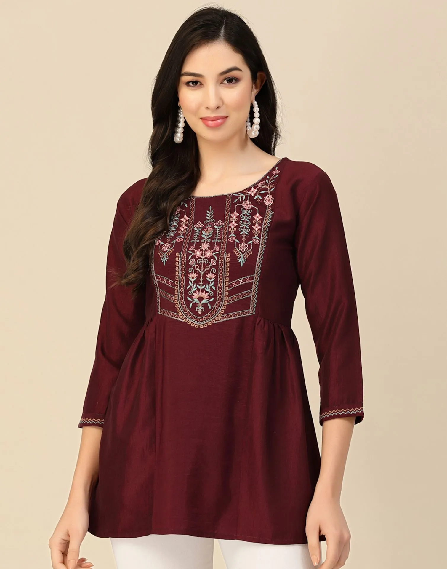 Wine Rayon Embroidery Tunic Short Kurta