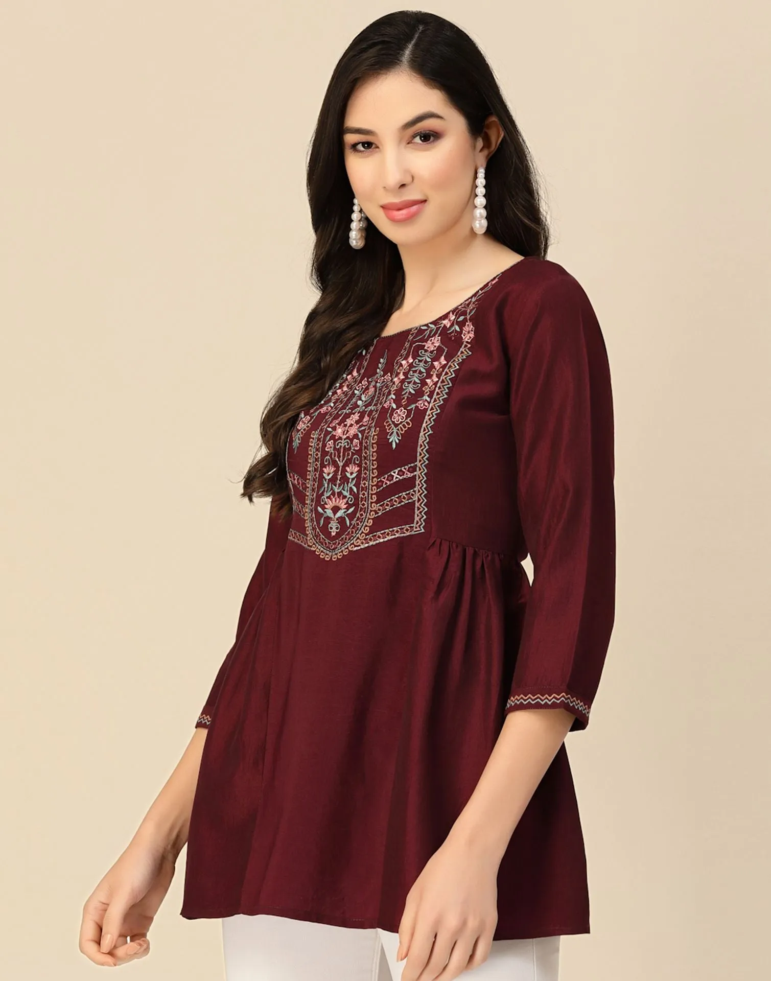 Wine Rayon Embroidery Tunic Short Kurta