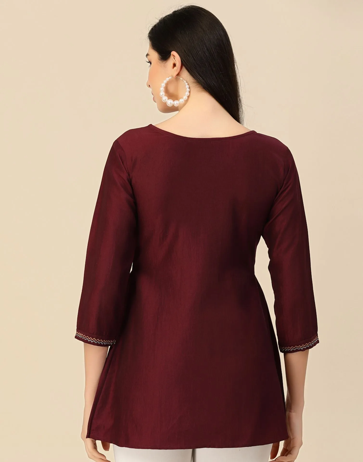 Wine Rayon Embroidery Tunic Short Kurta