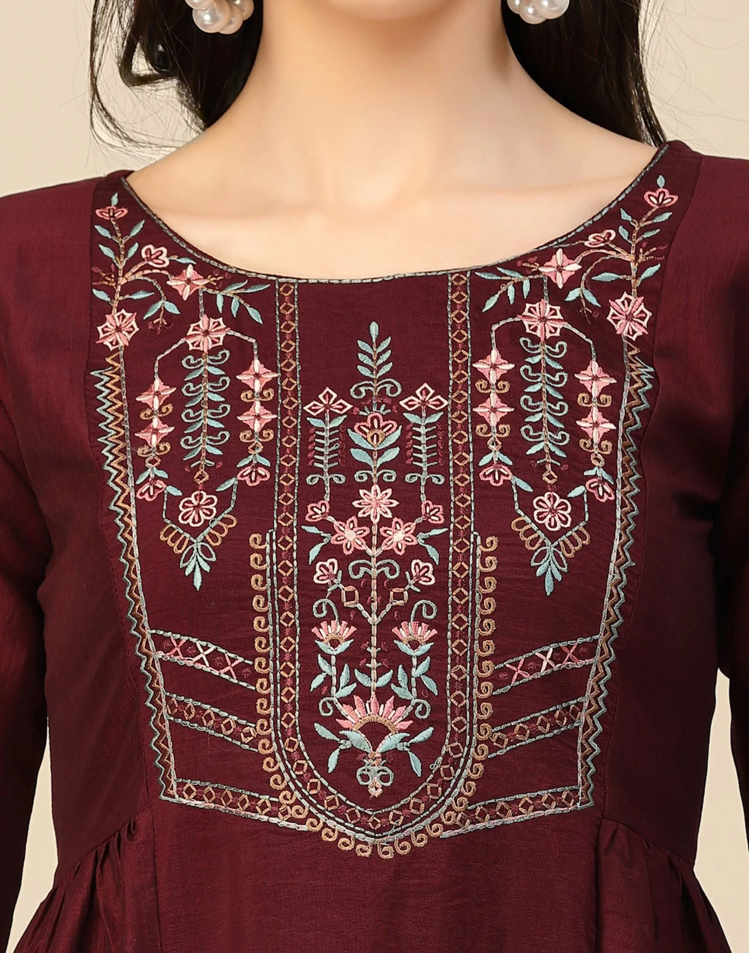 Wine Rayon Embroidery Tunic Short Kurta