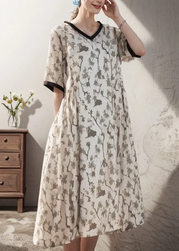 Women Apricot V Neck Print Patchwork Plus Size Silk Dress Summer