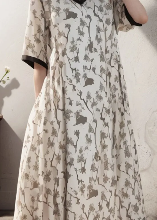 Women Apricot V Neck Print Patchwork Plus Size Silk Dress Summer