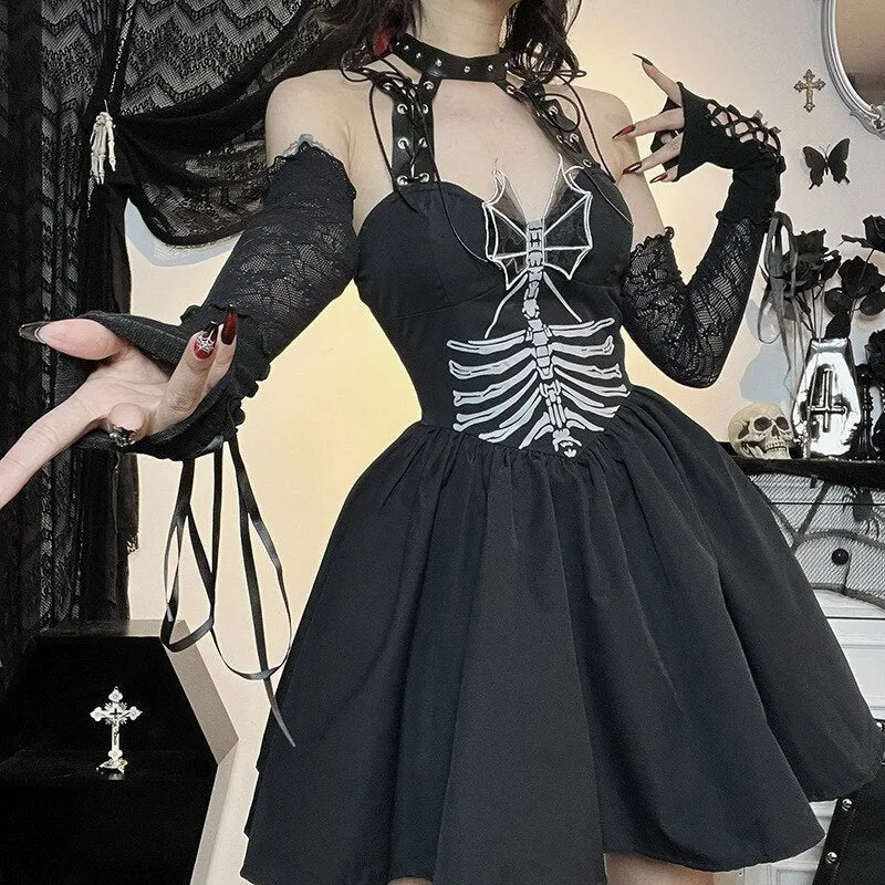 Women Gothic Lolita Mini Vintage Punk A Line Swing Short Goth V-Neck Off Shoulder Bodycon Party Dress