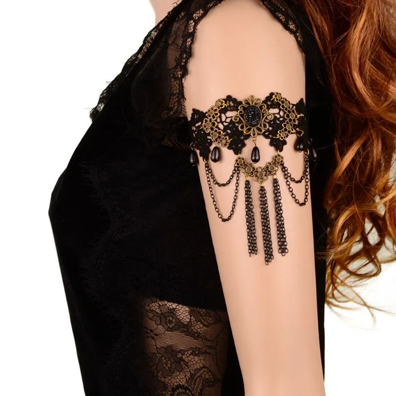 Women H made Black Rhinestone Drop Black Lace Arm Bracelet Gothic   Vintage Jewelry SM6