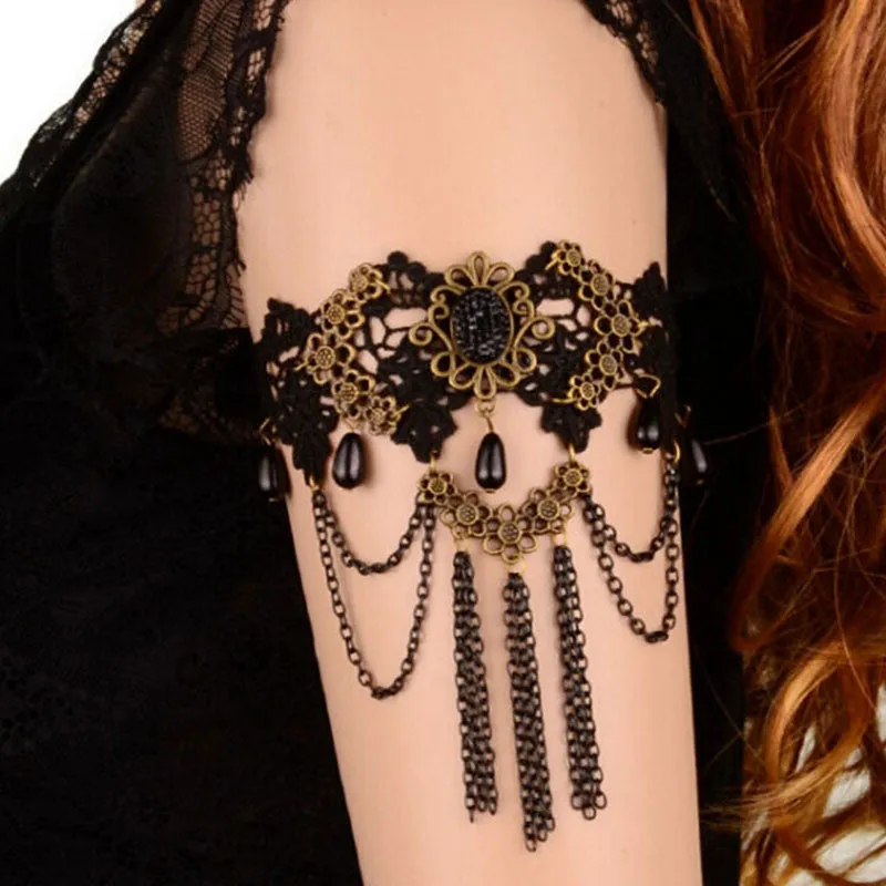 Women H made Black Rhinestone Drop Black Lace Arm Bracelet Gothic   Vintage Jewelry SM6