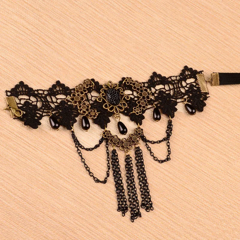 Women H made Black Rhinestone Drop Black Lace Arm Bracelet Gothic   Vintage Jewelry SM6