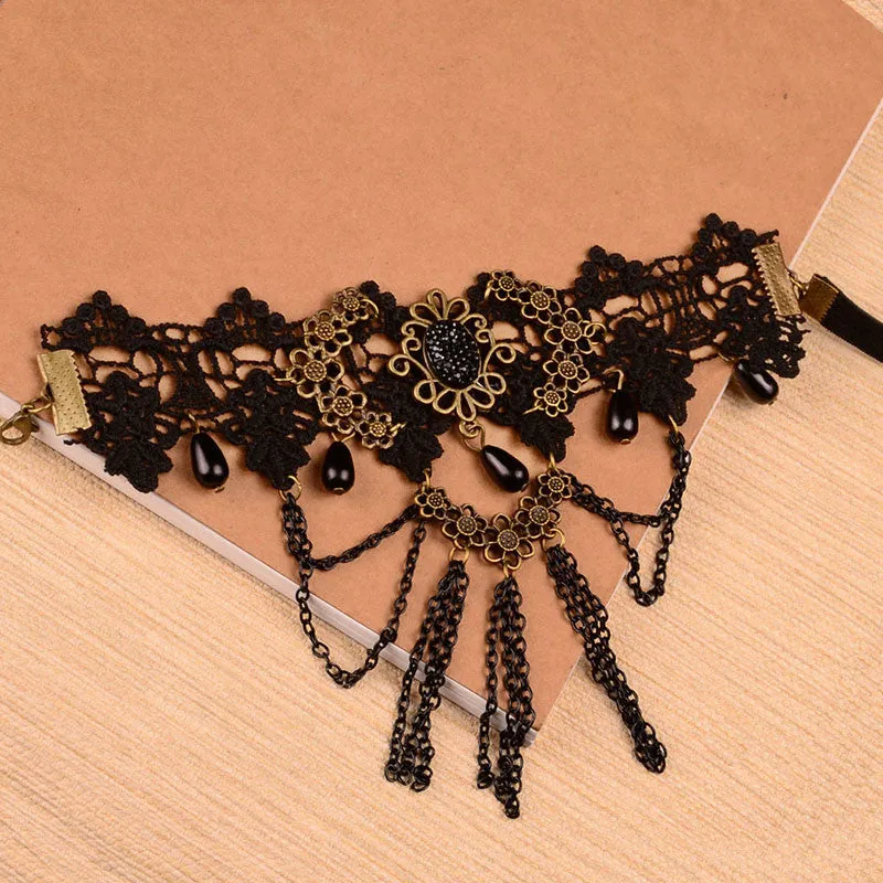 Women H made Black Rhinestone Drop Black Lace Arm Bracelet Gothic   Vintage Jewelry SM6