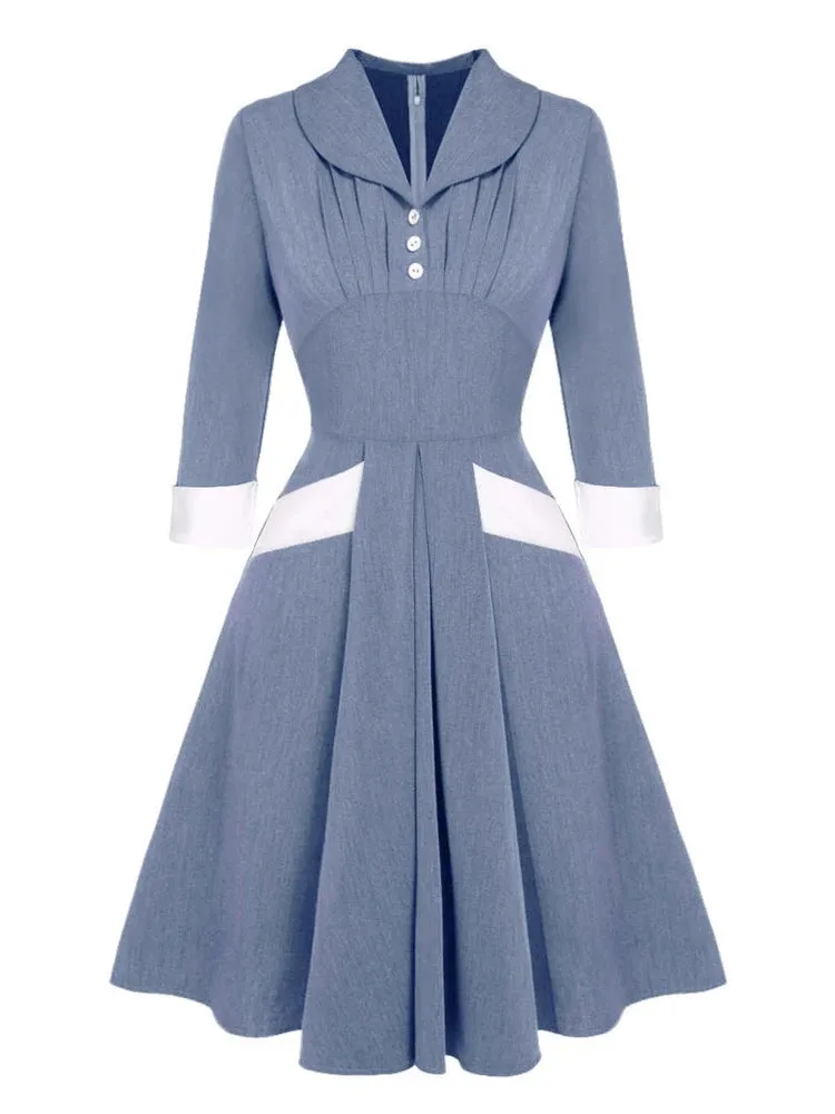 Women High Waist Vintage Pleated Midi Dress Turn-Down Collar Button 3/4 Length Sleeve Autumn Ladies Swing Dresses Elegant