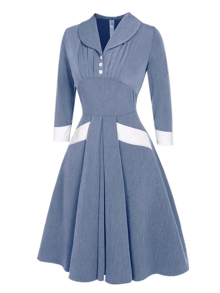 Women High Waist Vintage Pleated Midi Dress Turn-Down Collar Button 3/4 Length Sleeve Autumn Ladies Swing Dresses Elegant