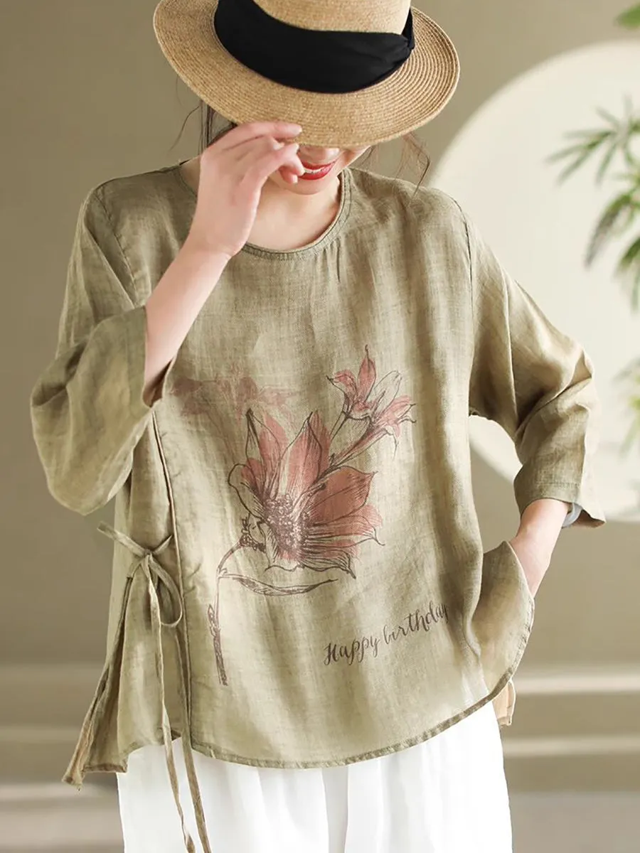 Women Spring Flower Vintage Strap Ramie Blouse KL1039