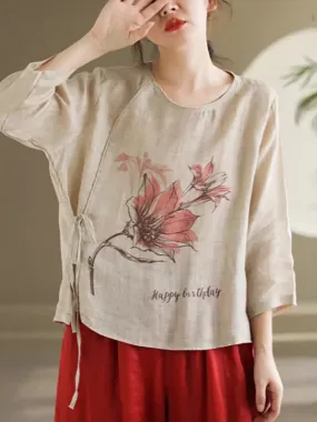 Women Spring Flower Vintage Strap Ramie Blouse KL1039